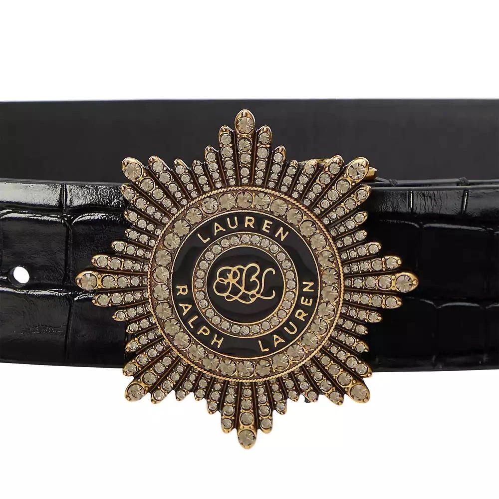 NWT Ralph Lauren Black Croc-Embossed Leather Belt Jewel stones Sunburst Buckle